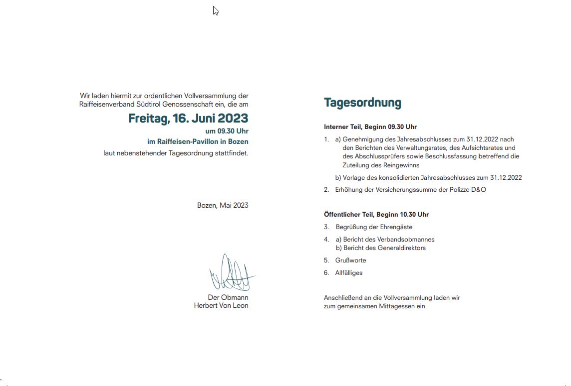 Die Einladung zur diesjährigen Vollversammlung des Raiffeisenverbandes in Bozen